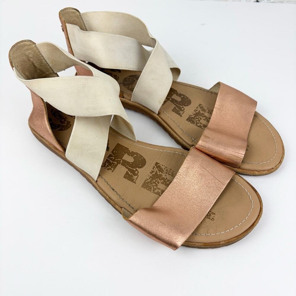 Sorel Ella Rose Gold Leather Elastic Ankle Strap Crisscross Sandals 8